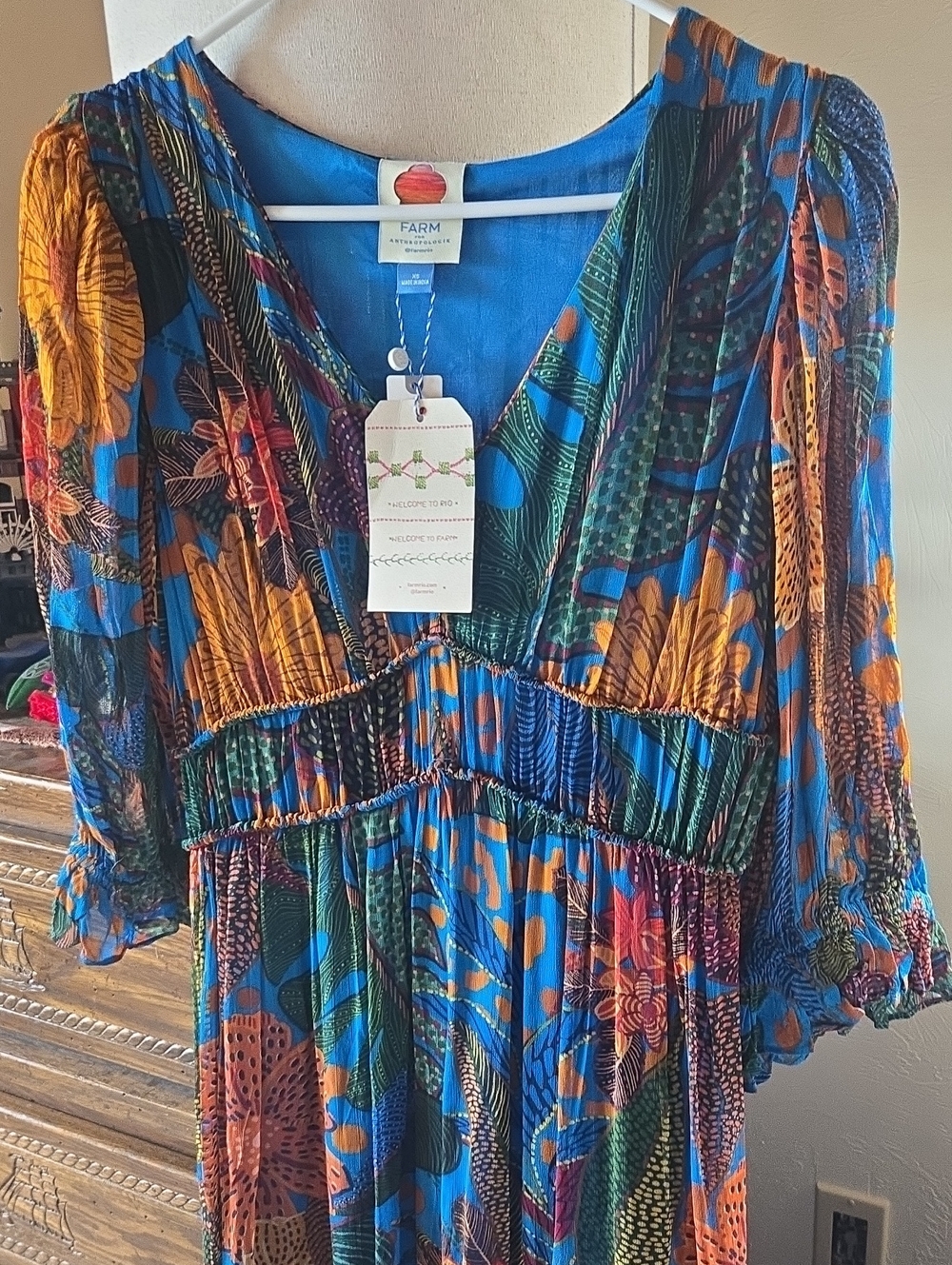 New, ANTROPOLOGUE, Farm RIO. XS. Bohemian Floral Maxi Dress - Blue & Orange - Picture 3 of 9